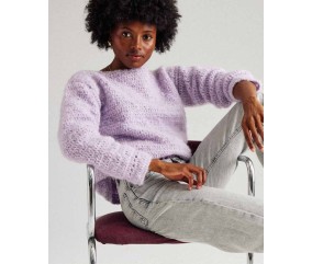 Pull Fédora lilas au crochet en mohair, brides aérées et manches ballon - Patron crochet Phildar