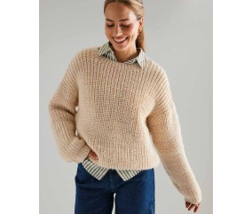 Pull Laëtitia écru en côtes perlées, col rond et manches longues - Patron tricot Phildar