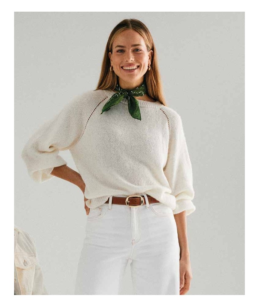 Pull Lou nacre en viscose et mérinos, empiècement ajouré et manches trois-quarts - Patron Phildar
