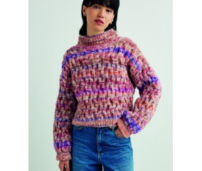 Pull Lykke multicolore en fil fantaisie imprimé, point texturé et col montant - Patron tricot Pingouin