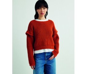 Pull Marta rouge pumpkin en côtes perlées, manches amovibles fixées par pressions - Patron Pingouin