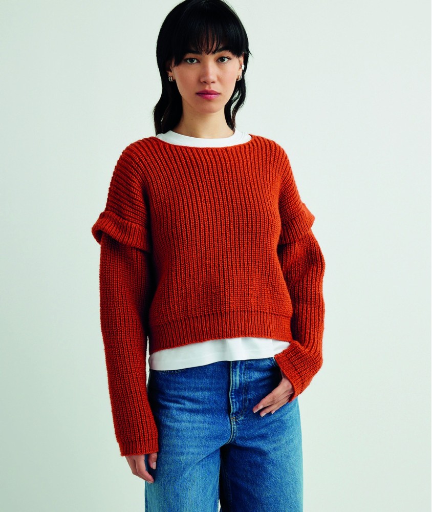 Pull Marta rouge pumpkin en côtes perlées, manches amovibles fixées par pressions - Patron Pingouin