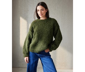 Pull Mellie vert en bouclette alpaga, poignets froncés et col amovible à part - Patron tricot Pingouin