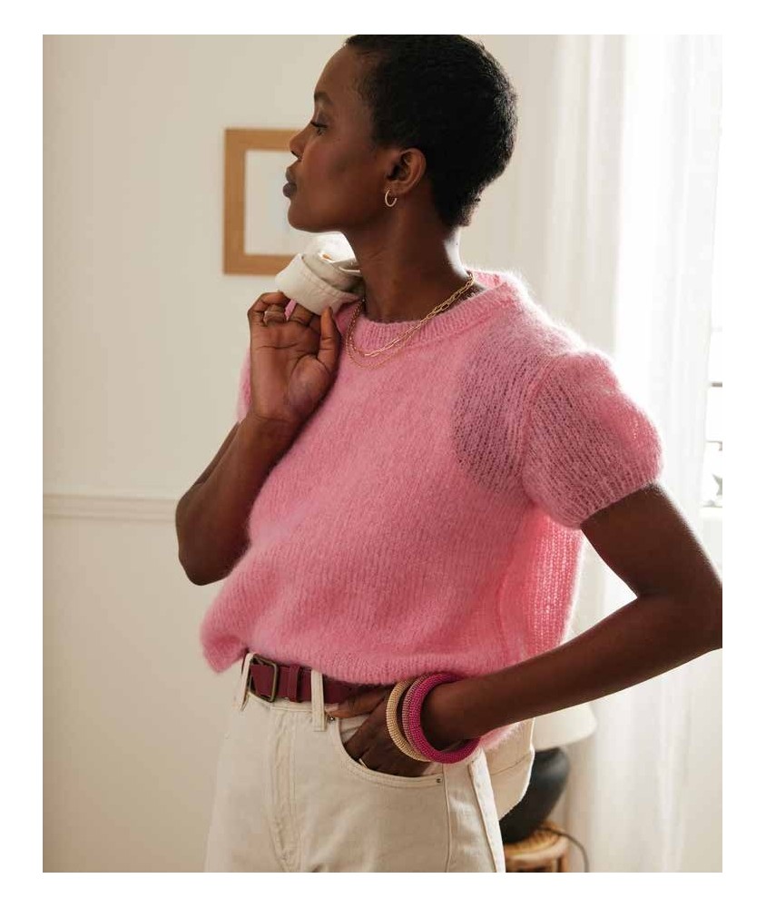 Pull Rosalba rose candy en mohair, jersey circulaire et manches ballon resserrées au poignet - Patron tricot Phildar