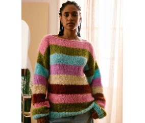 Pull Sheyla à larges rayures multicolores en mohair brossé, six coloris, manches longues - Patron tricot Pingouin