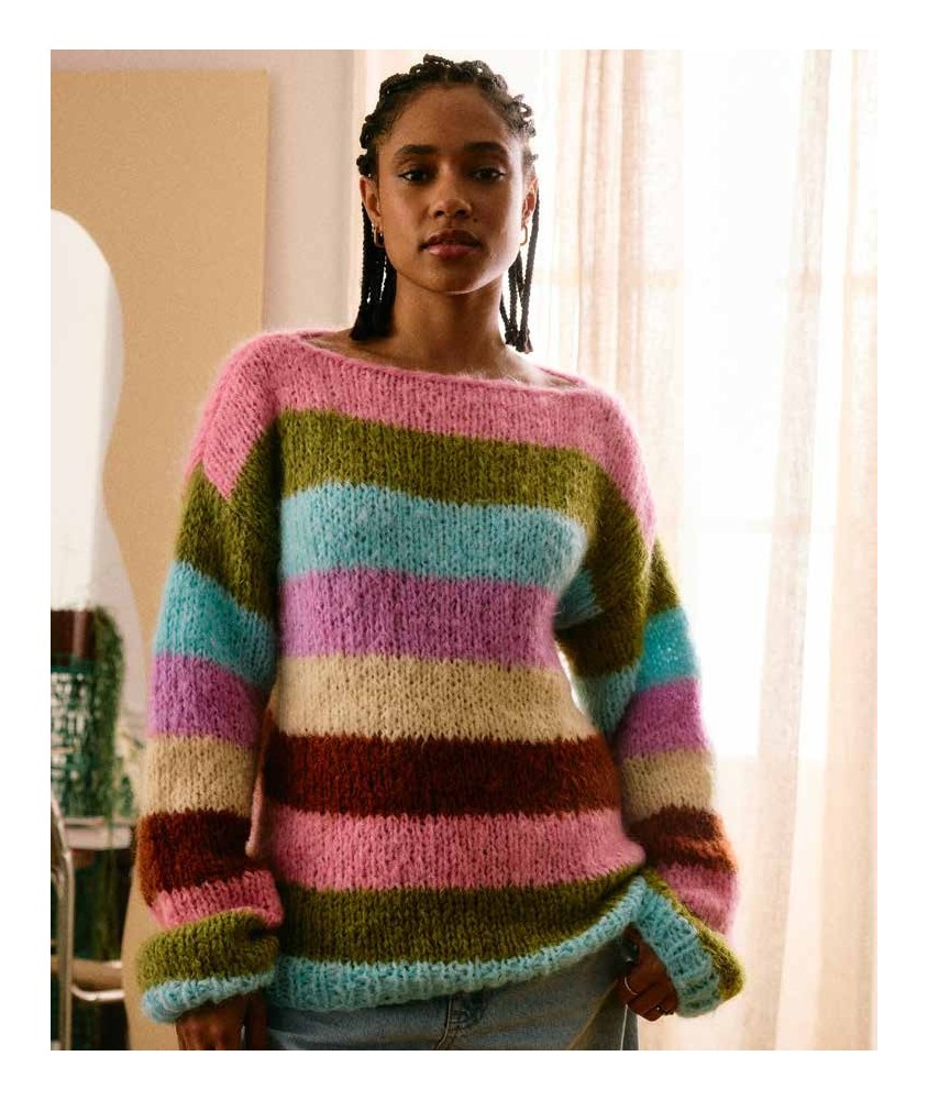 Pull Sheyla à larges rayures multicolores en mohair brossé, six coloris, manches longues - Patron tricot Pingouin