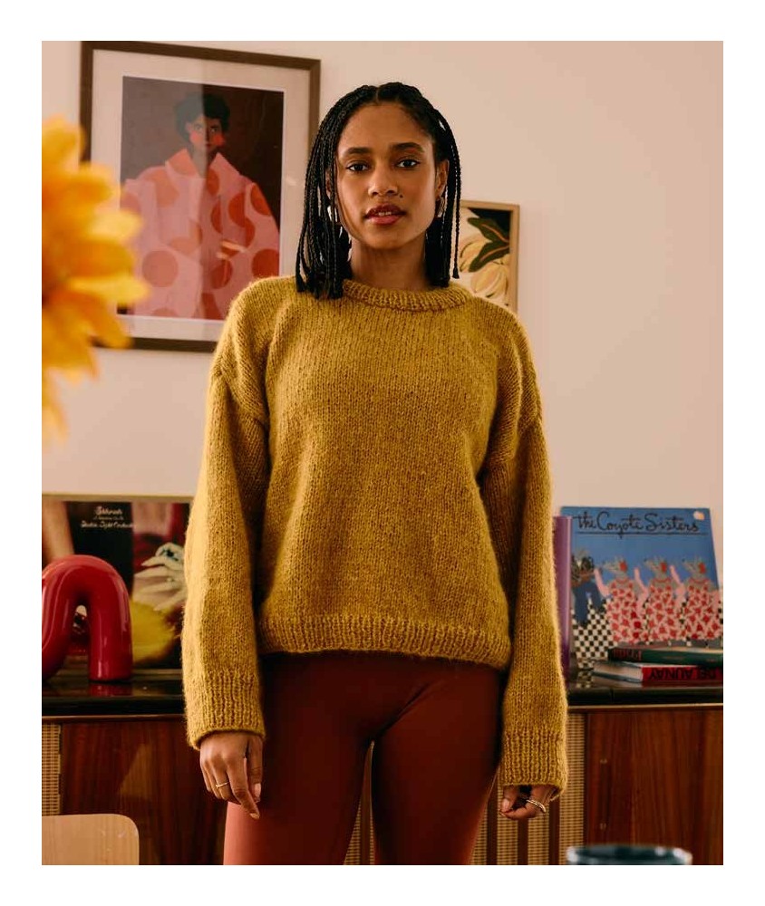 Pull Talia doré en jersey, larges bords côtes et manches longues - Patron tricot Pingouin