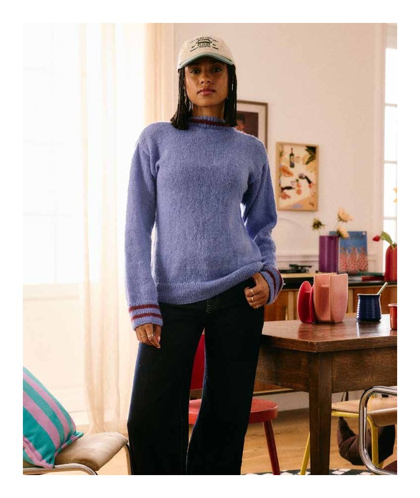 Pull Tamino hortensia en jersey, bords côtes rayés grenade en bas et aux poignets - Patron tricot Pingouin
