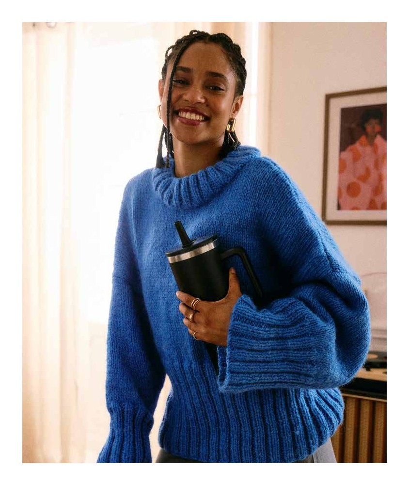 Pull Tokie bleu sport, large bande de côtes 2/2 en bas et sur les manches, jersey au-dessus - Patron tricot Pingouin