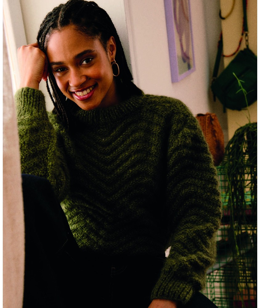 Pull Téodore kaki en point fantaisie, col replié et manches longues - Patron tricot Pingouin