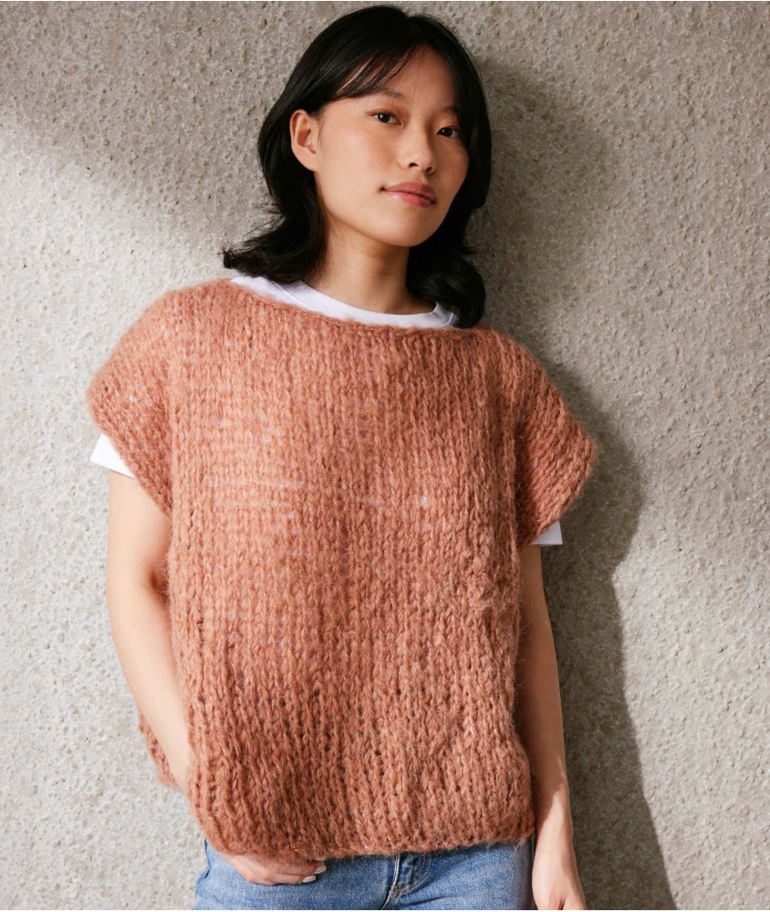 Pull sans manches Bony en mohair brossé, jersey très aéré tricoté aux aiguilles n° 10 - Patron tricot Pingouin