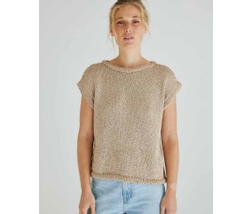 Pull sans manches Ninon beige doré en fil fluide, jersey et bords côtes, encolure ronde - Patron tricot Phildar