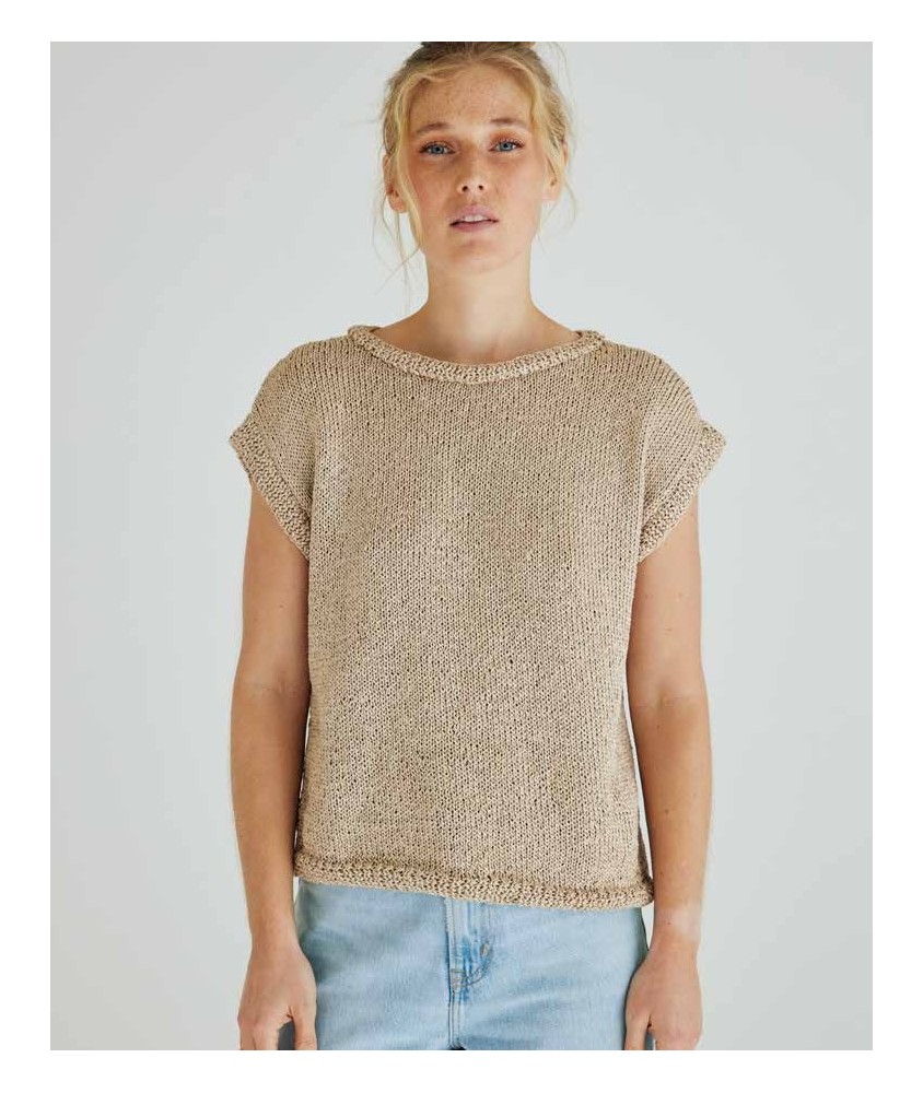 Pull sans manches Ninon beige doré en fil fluide, jersey et bords côtes, encolure ronde - Patron tricot Phildar