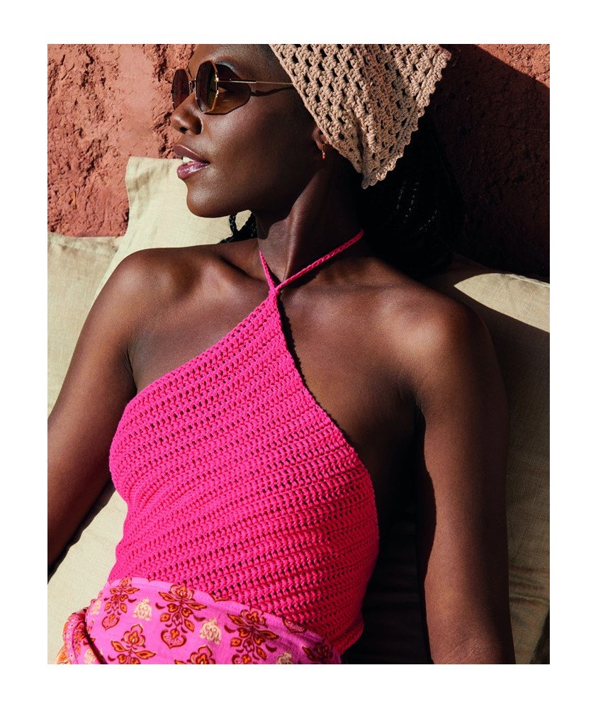 Top Firma pétunia au crochet en coton, dos lacé par une cordelière et tour de cou noué - Patron crochet Phildar