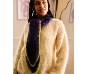 Écharpe Tabitha violet vibrant et vert olive en mohair, point mousse et lisière i-cord - Patron tricot Pingouin