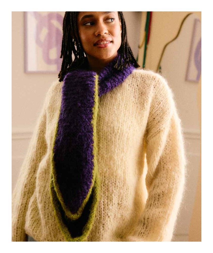 Écharpe Tabitha violet vibrant et vert olive en mohair, point mousse et lisière i-cord - Patron tricot Pingouin