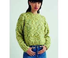 Pull Kjell vert forest en fil moucheté, jersey, col montant et manches longues - Patron tricot Pingouin