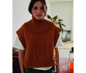 Pull sans manches Nuala ambre à col cheminée, panneau central en point fantaisie losanges - Patron tricot Pingouin