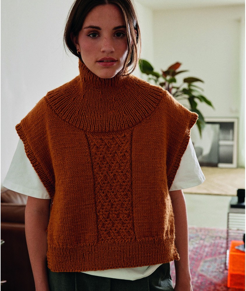 Pull sans manches Nuala ambre à col cheminée, panneau central en point fantaisie losanges - Patron tricot Pingouin