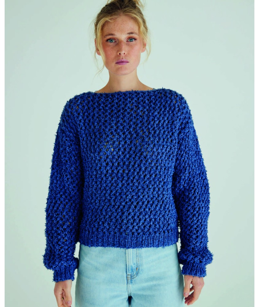 Pull Jessie bleu denim en point fantaisie texturé, encolure bateau et manches longues - Patron tricot Phildar