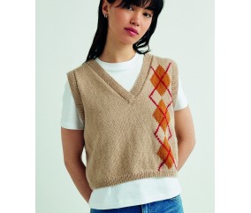 Pull sans manches Athéa lin chiné à jacquard losanges ambre et rouge, col V - Patron tricot Pingouin