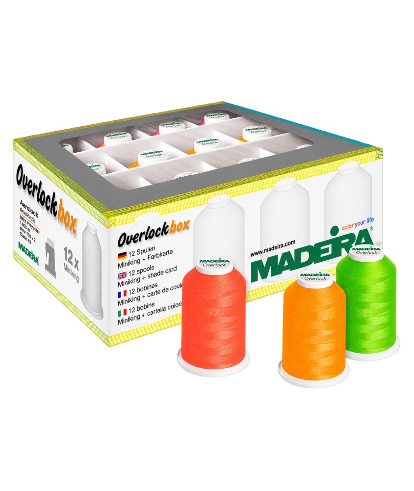 Coffret fil surjeteuse Madeira Aerolock 125 néon - coffret 12 cônes sur fond blanc