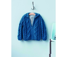 Blouson à capuche Newton bleu canard pour enfant, torsades irlandaises et fermeture à glissière - Patron tricot Phildar