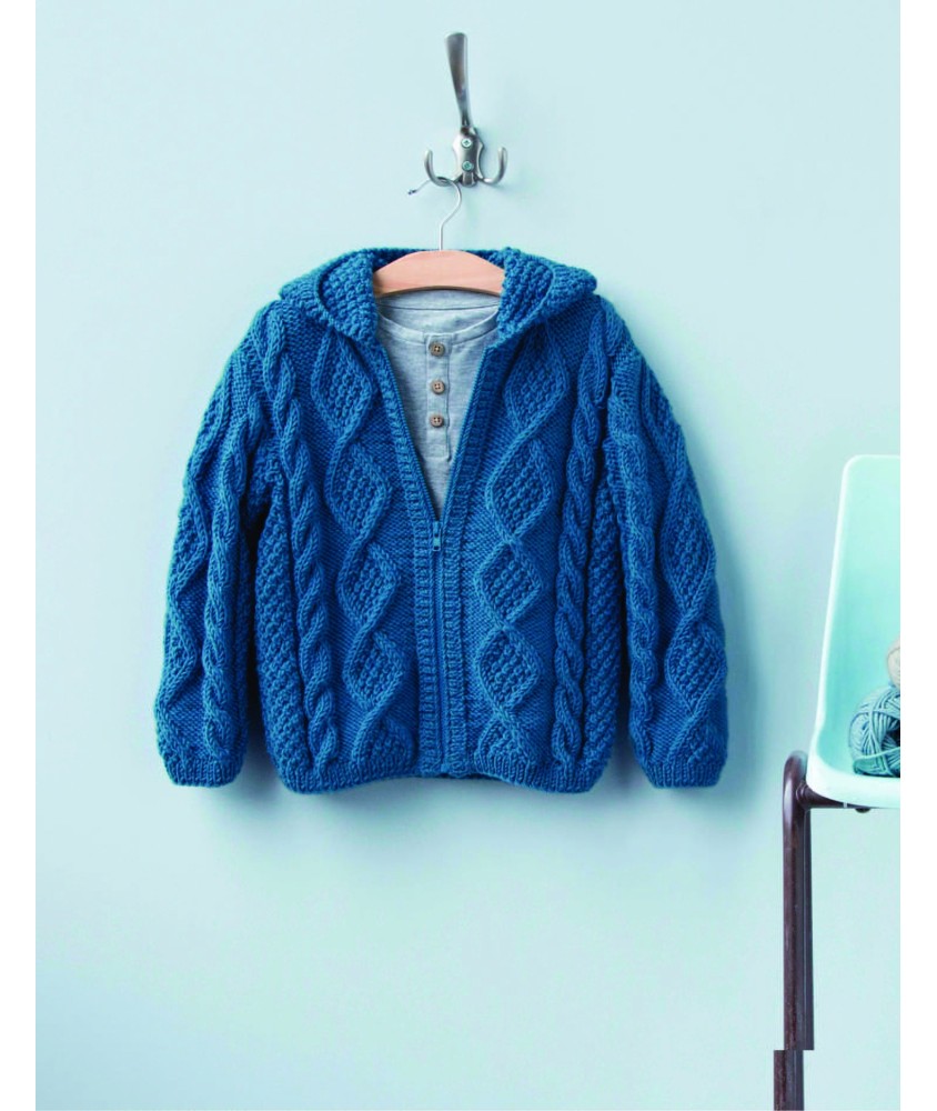 Blouson à capuche Newton bleu canard pour enfant, torsades irlandaises et fermeture à glissière - Patron tricot Phildar