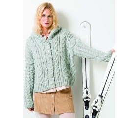 Gilet à capuche Dorine gris givre, torsades et point fantaisie, boutonné par six boutons nacre - Patron tricot Phildar