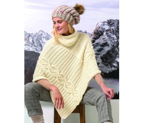 Poncho Delhia écru à torsades et rayures mousse, grand col boule en point mousse - Patron tricot Phildar