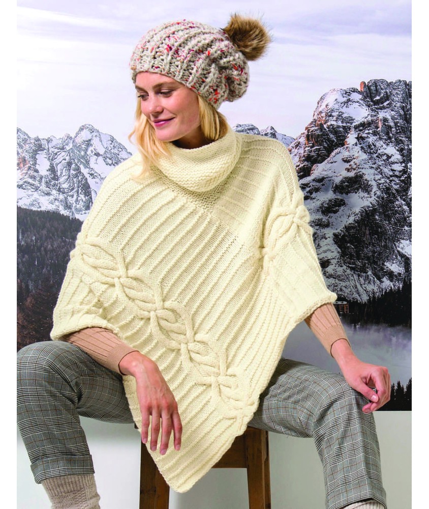 Poncho Delhia écru à torsades et rayures mousse, grand col boule en point mousse - Patron tricot Phildar