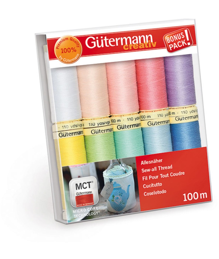 Set de 10 Fils pour Tout Coudre 100 m Pastel - Gütermann - vue de face sur fond blanc