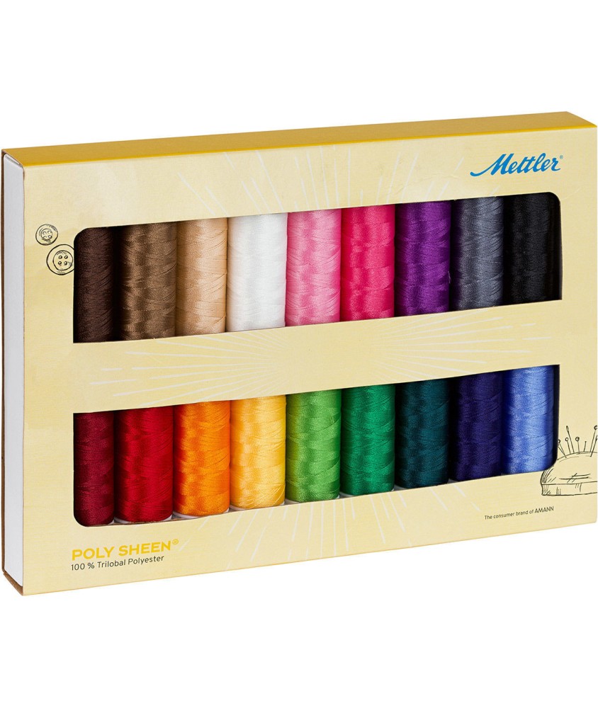 Coffret de 18 Fils à Broder Poly Sheen n°40 200 m - Mettler - vue de face sur fond blanc