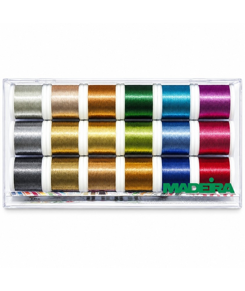 Boîte de 18 Fils à Broder Metallic Smooth n°40 200 m - Madeira - vue de face sur fond blanc
