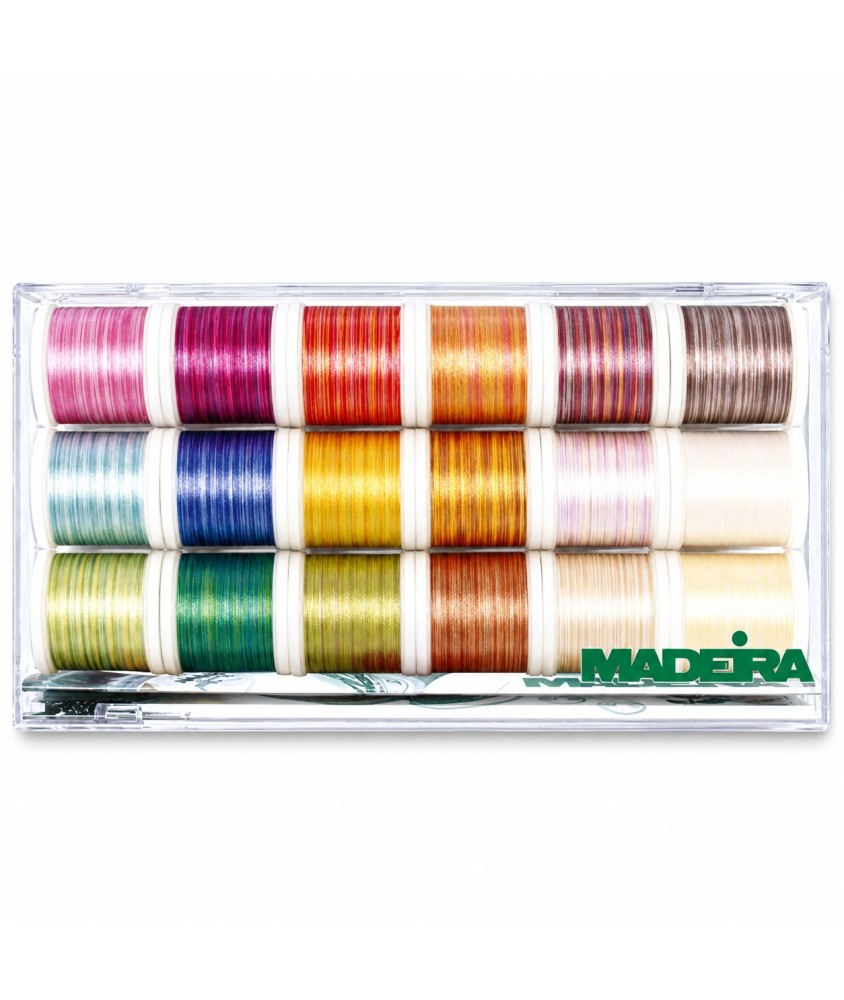 Boîte de 18 Fils Cotona n°50 Multicolores 200 m - Madeira - vue de face sur fond blanc
