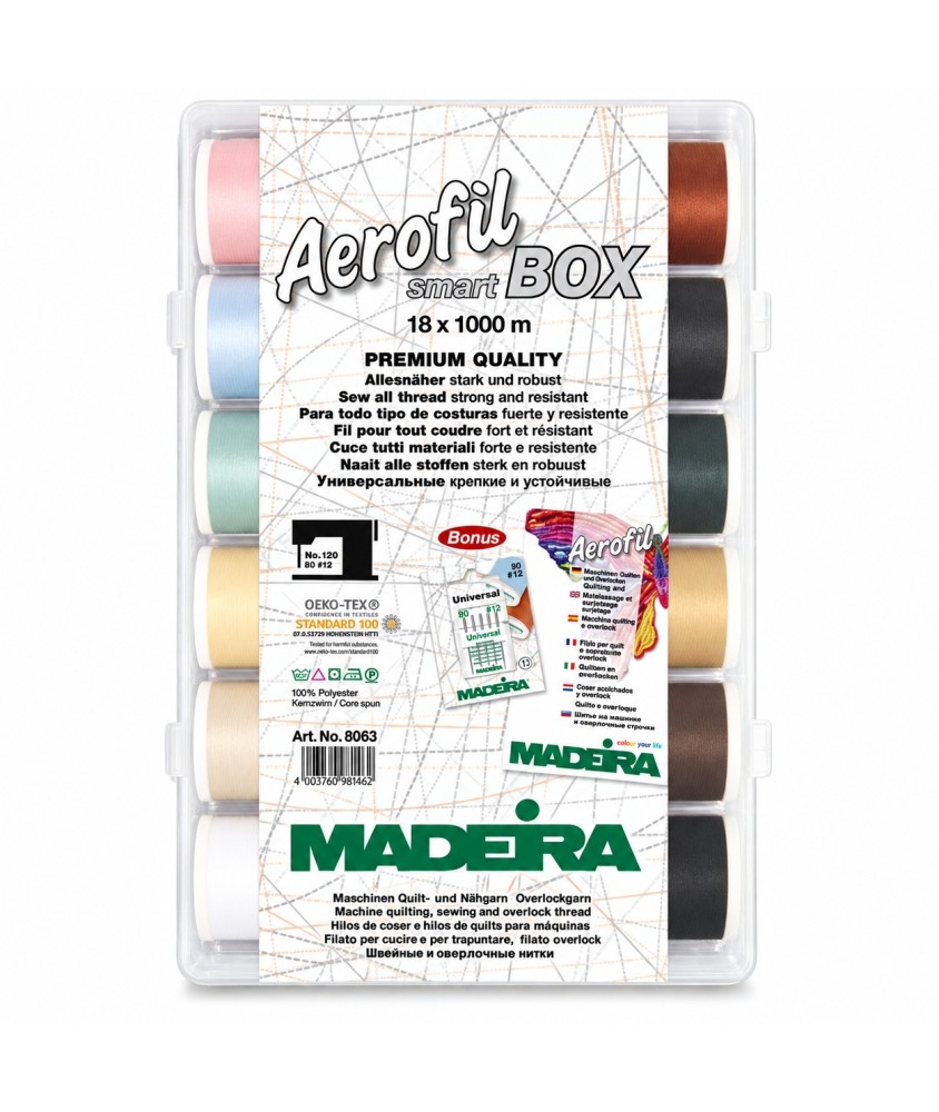 SmartBox de 18 Fils à Coudre Aerofil 1000 m + Aiguille - Madeira - vue de face sur fond blanc