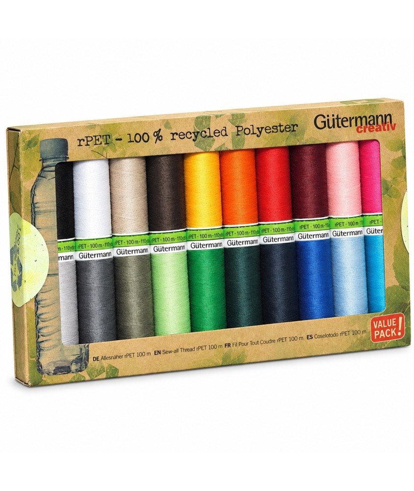 Coffret de 20 Fils pour Tout Coudre Recyclés rPET 100 m - Gütermann - vue de face sur fond blanc