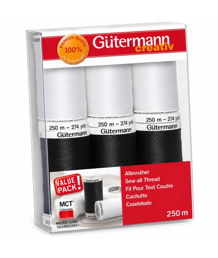 Coffret de 6 Fils pour Tout Coudre 250 m Basiques - Gütermann - vue de face sur fond blanc
