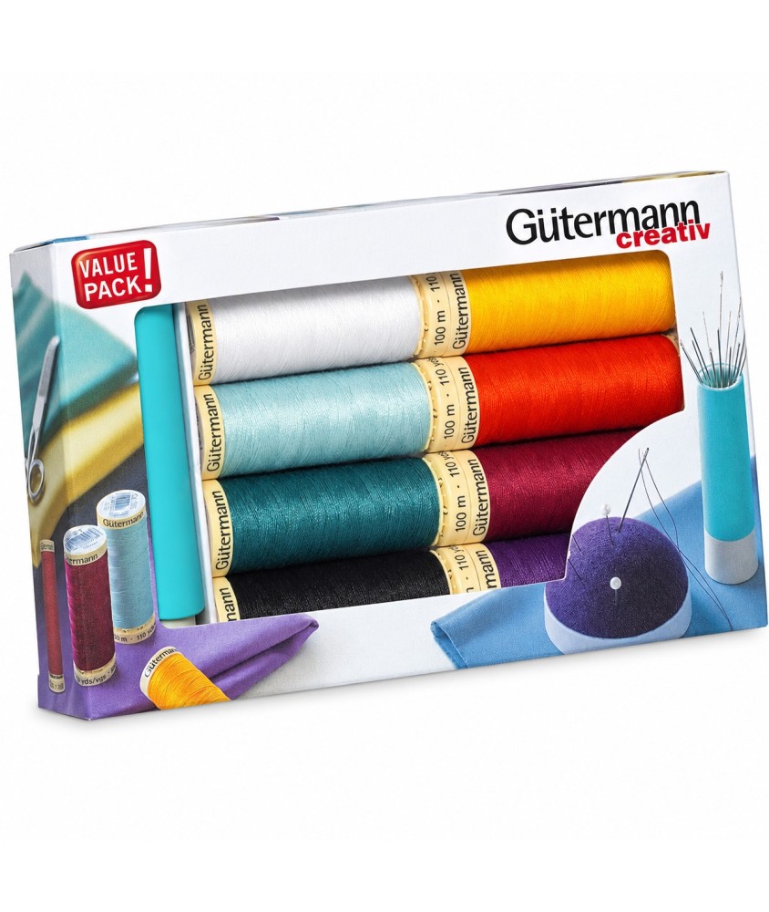 Set de 8 Fils pour Tout Coudre 100 m + Twister Prym - Gütermann - vue de face sur fond blanc