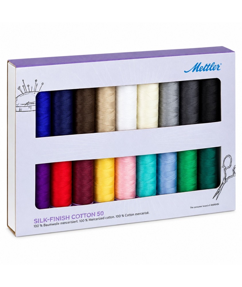 Coffret de 18 Fils Silk-Finish Coton n°50 150 m - Mettler - vue de face sur fond blanc