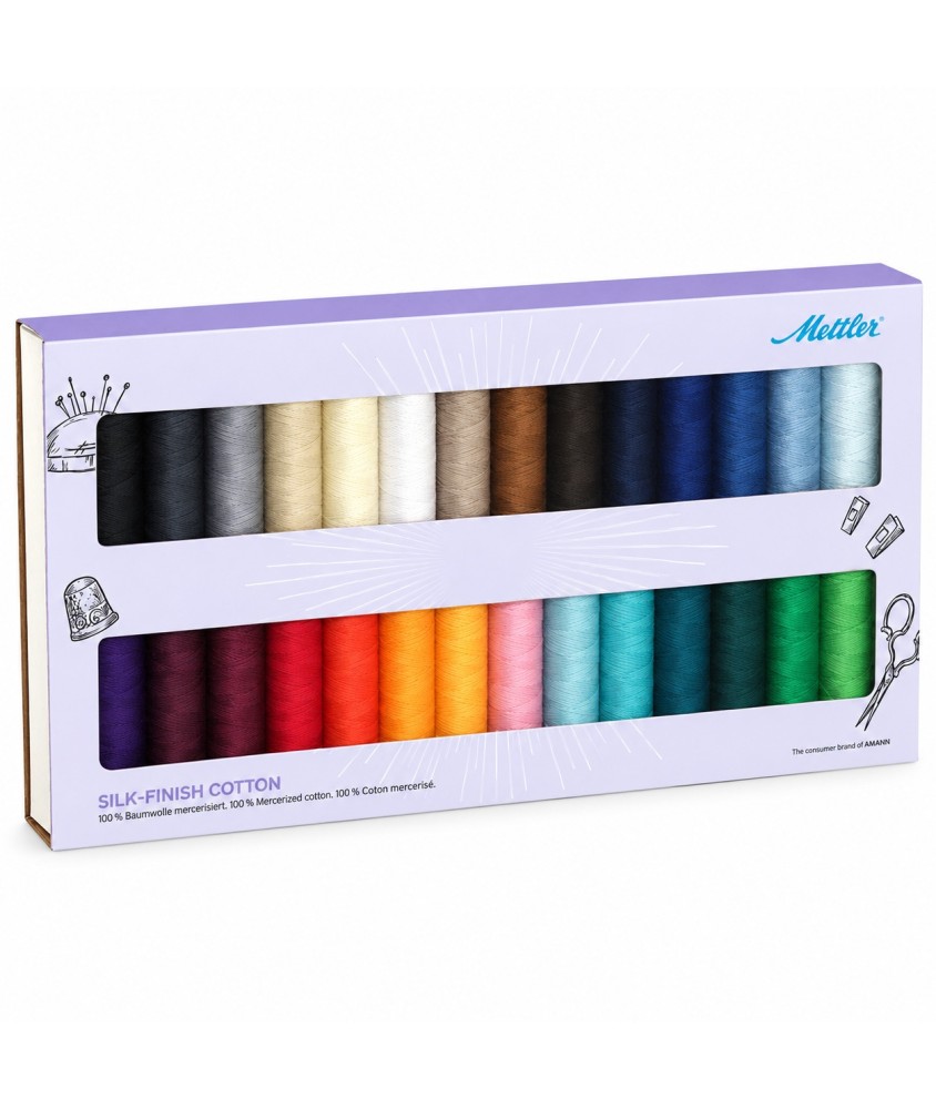 Coffret de 28 Fils Silk-Finish Coton n°50 150 m - Mettler - vue de face sur fond blanc