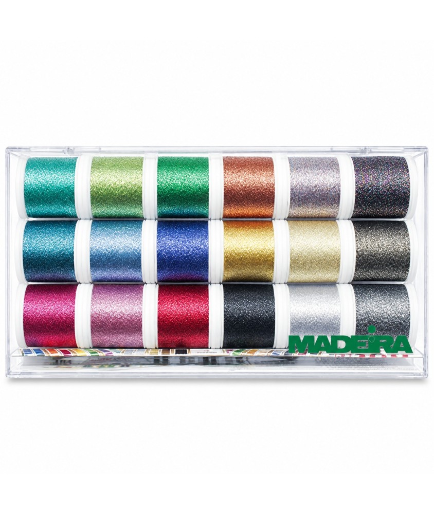 Boîte de 18 Fils à Broder Metallic Supertwist 200 m - Madeira - vue de face sur fond blanc