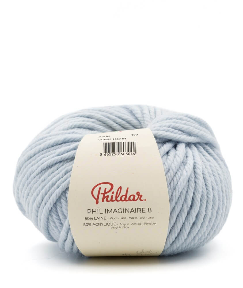 Phil Imaginaire 8 Phildar - coloris Azur - pelote sur fond blanc