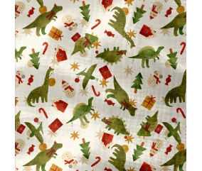 Tissu Noël double gaze dinosaures coton - 130 cm