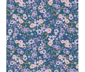 Tissu coton imprimé fleuri marine et bleu - 150 cm