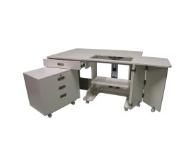 Meuble de couture Tailormade Super Q MK2 Blanc - ouvert, plateaux déployés