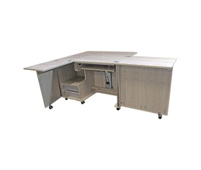 Meuble de couture Tailormade Eclipse Chêne gris - ouvert, plateaux déployés