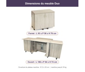 Meuble de couture Tailormade Duo Chêne gris - dimensions fermé et ouvert