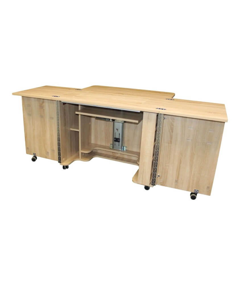Meuble de couture Tailormade Duo Chêne - ouvert, plateaux déployés
