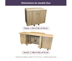 Meuble de couture Tailormade Duo Chêne - dimensions fermé et ouvert